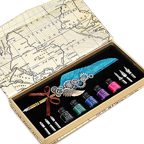 NC Quill Pen Ink Set Includes 5 Bottles of Ink and 6 Replaceable Stainless Steel Nibs, Feather Pen for Writing, Signing Invitations Etc. (Sky Blue) - color: Sky Blue
