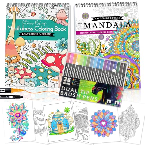 2Pcs Adult Coloring Books with 36 Colors Markers, Mandala Adult Coloring Book for Women Relaxation with 48 Patterns, Colors Markers Set, Anxiety Relief Mindfulness Gifts Original & Hand Drawn - style: Mandala & Mindfulness