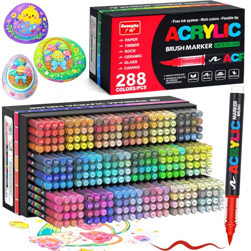 288 Colors Soft Brush Tip Acrylic Markers Set, Paint Pens for Rock, Wood, Fabric, Canvas, Glass, DIY Crafts, Waterproof Paint Markers, Vibrant Acrylic Pens for Artists and Art Projects（BAG) - style: 288 colors