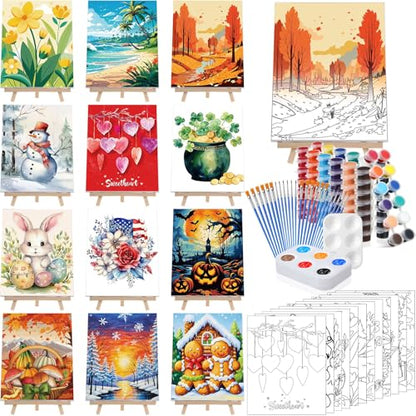 Zhanmai 72 Pcs 12 Sets Sip and Paint Kit Pre Drawn Canvas for Painting 8" x 10" Paint Party Canvas Painting Pre Printed Canvases for Party Favor DIY Virtual Adult's Date Night(Classic Style) - style: Classic Style