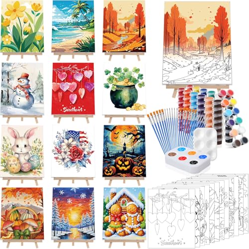 Zhanmai 72 Pcs 12 Sets Sip and Paint Kit Pre Drawn Canvas for Painting 8" x 10" Paint Party Canvas Painting Pre Printed Canvases for Party Favor DIY Virtual Adult's Date Night(Classic Style) - style: Classic Style