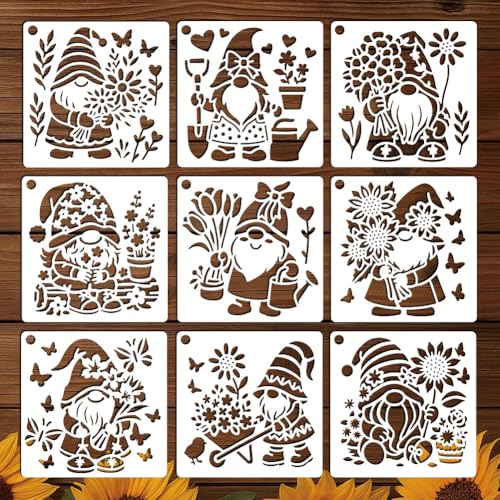 9 Sheets Flower Dwarf Elf Stencils for Painting, 9 Styles Gnomes Sunflower Wall Stencil Template Reusable Garden Gnome Stencils for Painting on Wall Wood Home Decor - style: Flower Elf