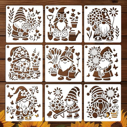 9 Sheets Flower Dwarf Elf Stencils for Painting, 9 Styles Gnomes Sunflower Wall Stencil Template Reusable Garden Gnome Stencils for Painting on Wall Wood Home Decor - style: Flower Elf