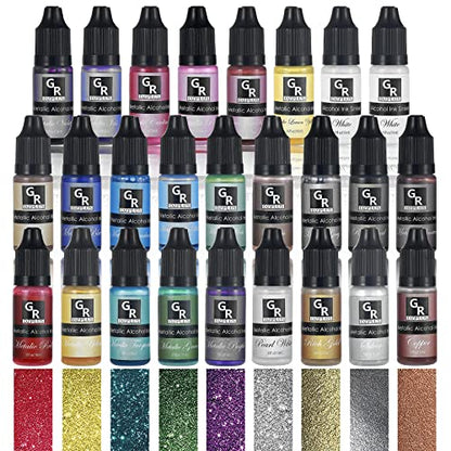 Metallic Alcohol Ink Set -26 Metallic Colors Alcohol Based Ink for Resin Art, Fluid Art,Resin Craft,Resin Petri Dish，Alcohol Ink Paint for Yupo,Tumbler (Metallic 26 Color Set)
