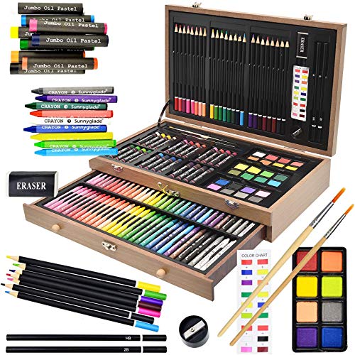 Sunnyglade 145 Piece Deluxe Art Set, Wooden Art Box & Drawing Kit with Crayons, Oil Pastels, Colored Pencils, Watercolor Cakes, Sketch Pencils, Paint Brush, Sharpener, Eraser, Color Chart (Tan) - color: Tan