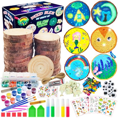 KIRKOTOY Wooden Crafts Kit for Kids-Glow in The Dark-Arts & Crafts Gifts for Boys Girls Age 6-12, 24 Wood Slices with Painting Craft Activities Kits, Creative Art Toys for 6 7 8 9 10 11 12 Year Old
