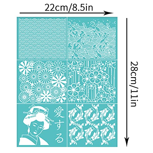 OLYCRAFT Japanese Traditional Style Self-Adhesive Silk Screen Printing Stencil Oriental Theme Mesh Transfers Silk Screen Reusable Stencil for Painting on Wood T-Shirt Fabric Bags - 11x8.5 Inch - color: Mixed