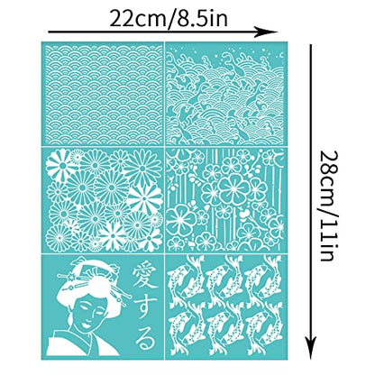 OLYCRAFT Japanese Traditional Style Self-Adhesive Silk Screen Printing Stencil Oriental Theme Mesh Transfers Silk Screen Reusable Stencil for Painting on Wood T-Shirt Fabric Bags - 11x8.5 Inch - color: Mixed