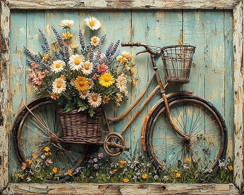 Clendo Vintage Paint by Numbers for Adults - Bicycle Adorned with a Basket Full of Blooming Flowers, DIY Paint by Number Acrylic Canvas Painting Art Kits for Home Decor 16x20 Inch (Without Frame) - color: MT22271