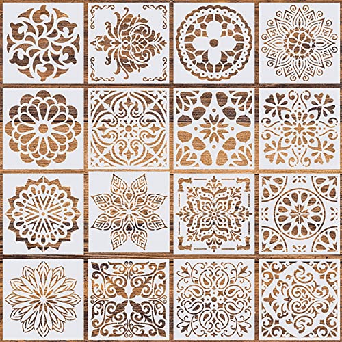 16 Pcs Mandala Stencils for Painting, 6x6 Inch Reusable Geometric Layering Stencils for Crafts Painting on Wood Floor Window Art Scrapbook Drawing Decoration - style: Mandala Stencils-1