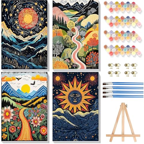 4 Pack Paint by Numbers for Adults with Framed Canvas - with Wooden Easel, Abstract Landscape Paint by Number on Canvas, Scenery Acrylic Oil Painting Kits with Brushes for Home Wall Decor (8x12 inch) - color: BKH1296+BKH1297+BKH1298+BKH1299