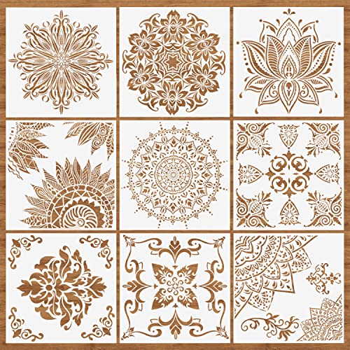 9 Pcs Mandala Stencils for Painting, 12x12 Inch Reusable Large Layering Stencils for Crafts Painting on Wood Floor Window Art Scrapbook Drawing Decoration - style: Large Mandala Stencils