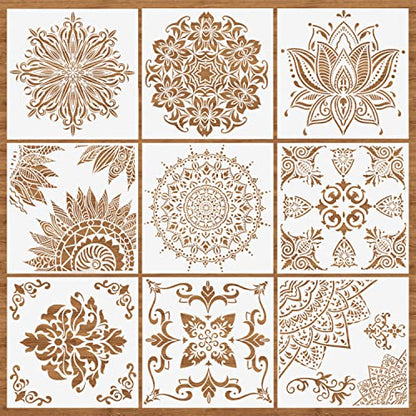 9 Pcs Mandala Stencils for Painting, 12x12 Inch Reusable Large Layering Stencils for Crafts Painting on Wood Floor Window Art Scrapbook Drawing Decoration - style: Large Mandala Stencils