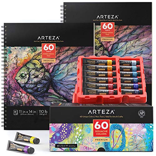 ARTEZA Gouache Paint Set of 60 Colors with 11x14 Mixed Media Sketch Book 2 Pack, Painting Art Supplies for Artist, Hobby Painters & Beginners