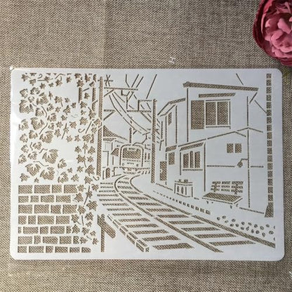 TIAMECH A4 Reusable Railway Train Stencil for Painting | Town House Layering Template, DIY Wall Art, Wood Furniture, Scrapbook & Crafts (8.3x11.7inch) - style: Railway Train