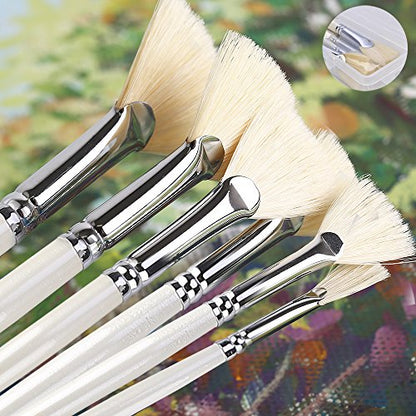 Amagic Fan Brush Set - Hog Bristle Natural Hair - Artist Soft Anti-Shedding Paint Brushes for Acrylic Watercolor Oil Painting, Long Wood Handle with Case, Set of 6