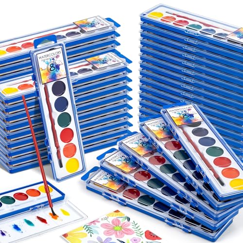 72 Pack Watercolor Paint Set, Washable Watercolor Paint Bulk for Kids, Water Color Paint with Paint Brushes, Ideal Gifts for Party Favors, School Supplies & Classroom Prizes, Art Activities, 8 Colors
