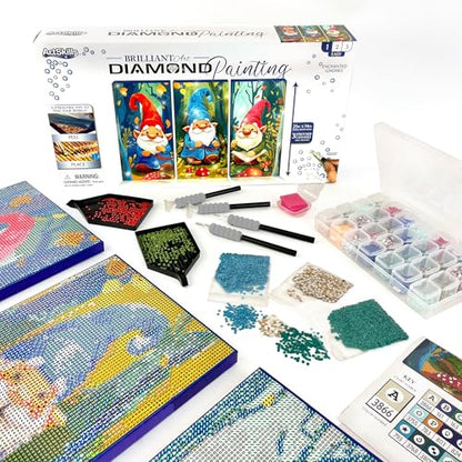 ArtSkills Diamond Painting Kit, Diamond Art Ready to Hang Framed Canvas with Storage and Accessory Kit, Gnomes, 3 Stretched Canvas Panels, 14” x 7” Each - color: Gnomes