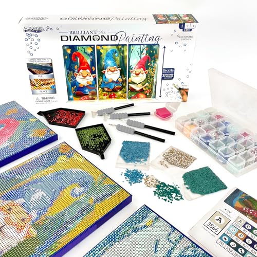 ArtSkills Diamond Painting Kit, Diamond Art Ready to Hang Framed Canvas with Storage and Accessory Kit, Gnomes, 3 Stretched Canvas Panels, 14” x 7” Each - color: Gnomes