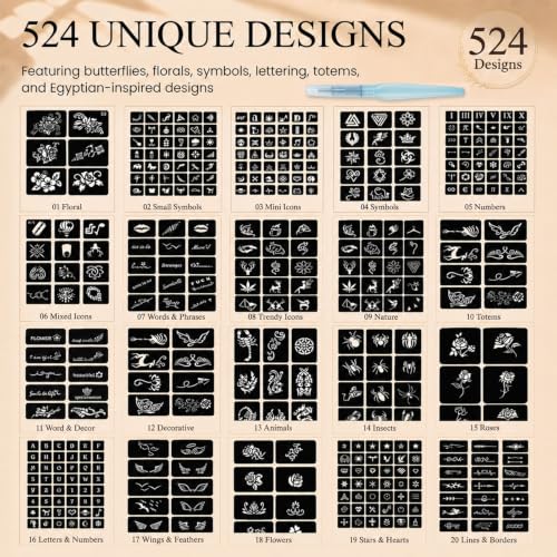 Koogel 524PCS Henna Tattoo Stencil Kit with Pen, Reusable Body Art Templates for Festivals, Parties & Weddings, Perfect DIY Craft Gift for Women, Girls, Kids