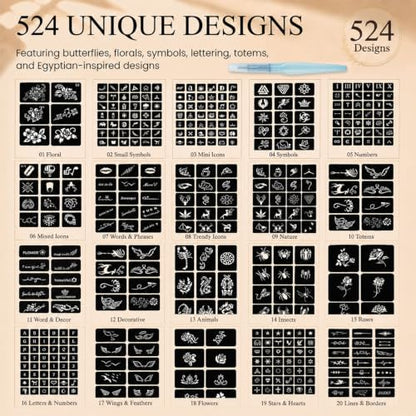 Koogel 524PCS Henna Tattoo Stencil Kit with Pen, Reusable Body Art Templates for Festivals, Parties & Weddings, Perfect DIY Craft Gift for Women, Girls, Kids