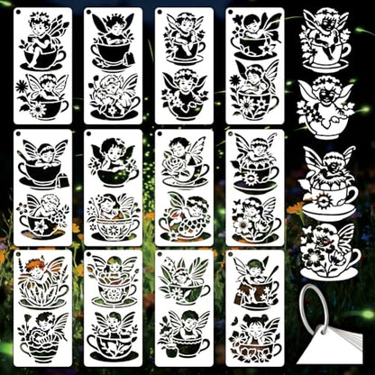 12 Sheets Teacup Fairy Stencils for Painting, 12 Styles Plastic Tea Time Drawing Template Flower Wing Butterfly Art Templates for Painting on Wall Wood Home Decor - style: Teacup Fairy