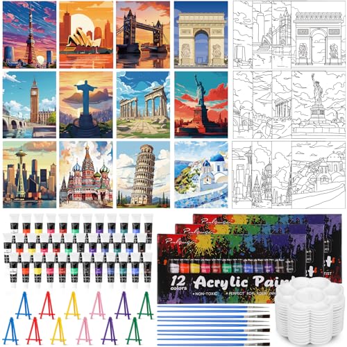 Sherr 108 Pcs 12 Set Landmarks Sip and Paint Kit for Adults 8''x10'' Pre Drawn Canvas to Paint DIY Acrylic Painting Kit Pre Printed Canvas for Date Night Easter Mothers Day Party Team Building - style: Landmarks