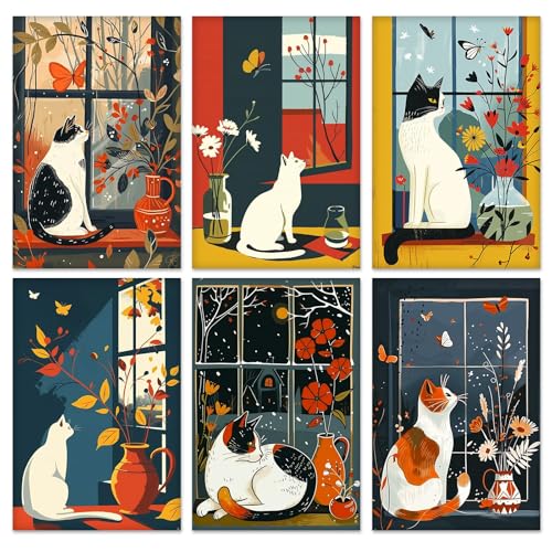 KEYIFA 6 Pack Paint by Numbers Kit, Stretched Canvas Boards for Painting for Adults, No Crease Acrylic Oil Painting for Students Beginners Favor Sip & Paint Party Supplies, Cat Flower Window (8x12) - color: 004-Cats