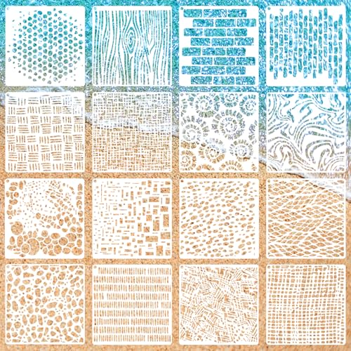16 PCS Wood Cubist Stencils, 6 x 6 Inch Texture Mixed Media Burlap Reusable Plastic Stencil for Painting on Wood Wall Canvas Furniture Floor Geometric Cubist Art Stencils for Tile Craft Making - color: N