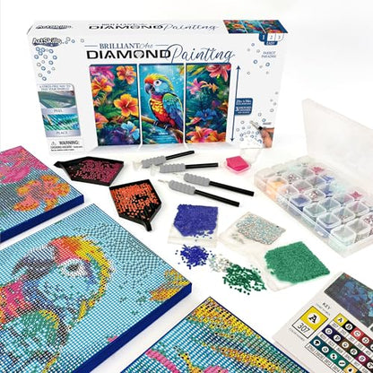 ArtSkills Diamond Painting Kit, Diamond Art Ready to Hang Framed Canvas with Storage and Accessory Kit, Parrot Paradise, 3 Stretched Canvas Panels, 14” x 7” Each - color: Parrot Paradise