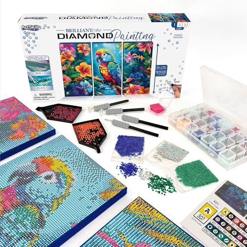 ArtSkills Diamond Painting Kit, Diamond Art Ready to Hang Framed Canvas with Storage and Accessory Kit, Parrot Paradise, 3 Stretched Canvas Panels, 14” x 7” Each - color: Parrot Paradise