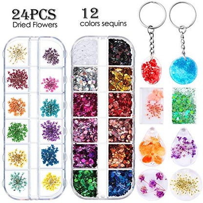 WILLBOND 67 Pieces Resin Keychain Mold Silicone with Hole, Resin Molds Silicone Keychains Making Kit with Keychain Rings Dried Flower Round Sequins for Keychains Pendant Jewelry Making Supplies