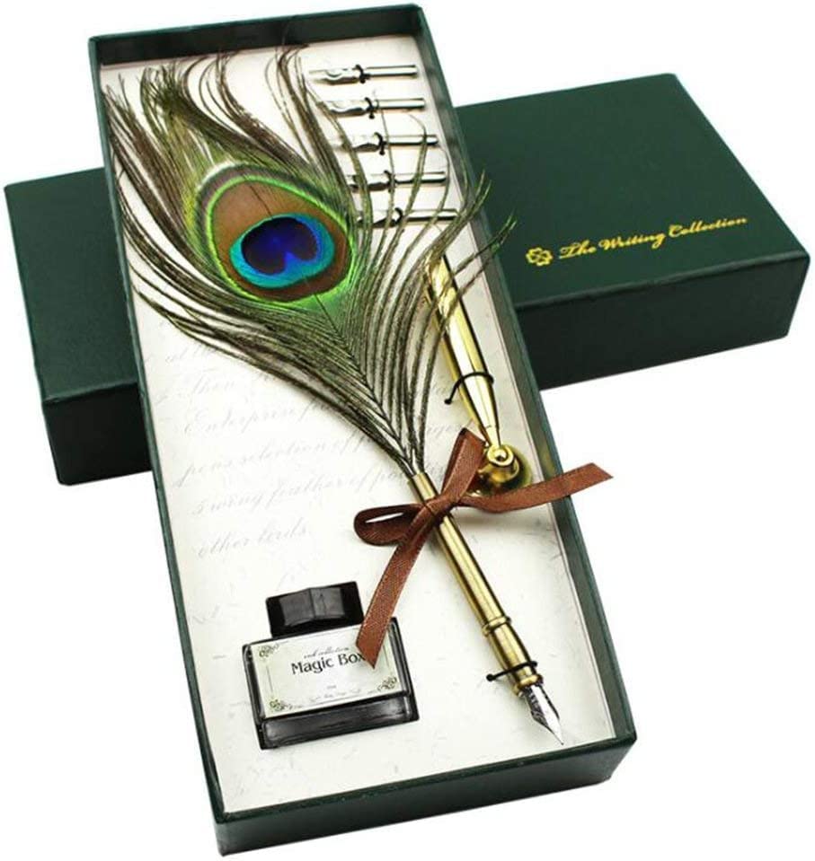 Peacock Feather Quill Pen Set- Vintage Writing Feather Calligraphy Pen with Pen Holder, as Birthday Xmas Gift