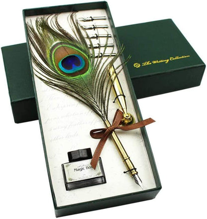 Peacock Feather Quill Pen Set- Vintage Writing Feather Calligraphy Pen with Pen Holder, as Birthday Xmas Gift