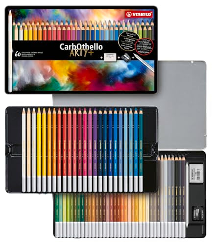 STABILO - CarbOthello - Chalk-Pastel Pencil - ARTY+ - Tin of 60 - Assorted colors with Sharpener, Kneaded Eraser and Blending Stump - style: Tin Set - 60 colors