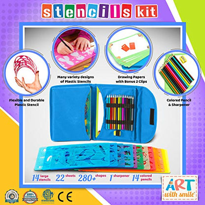 Drawing Stencils Set for Kids (55 Piece) - Arts and Crafts Set for Girls & Boys - Christmas & Birthday Gifts for Kids 4 5 6 7 8 9+ Year Old - Ideal Creativity Kit & Travel Activity with 300+ Shapes - color: Blue