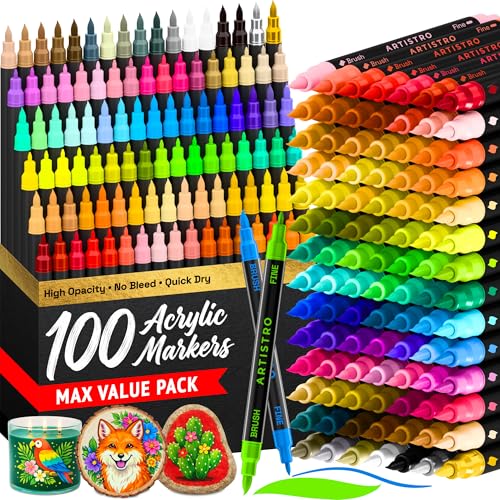 ARTISTRO 100 Acrylic Glass Paint Markers - Paint Pens for Glass Marking, Rock Painting, Ceramic, Wood, Fabric, DIY, Craft, Canvas - Art and Craft Supplies for Adults, Teens, Kids (Brush + Fine Tips) - style: Dual Tip Brush + Fine