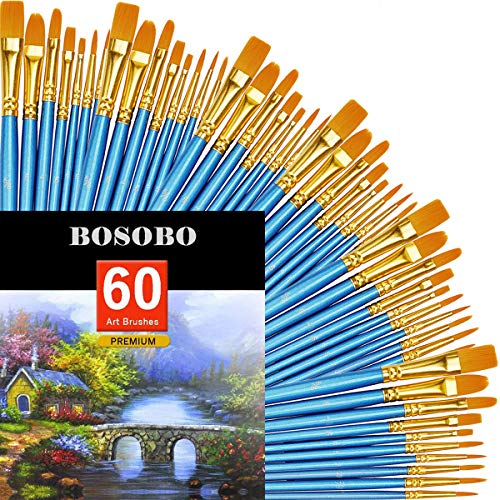 BOSOBO Paint Brush Sets, 6 Pack 60 Pcs Pointed-Round Tip Paintbrushes Nylon Hair Artist Acrylic Paint Brushes for Acrylic Watercolor Oil, Face Art, Model, Miniature Detailing & Rock Painting, Blue - color: Blue, size: 6 Pack