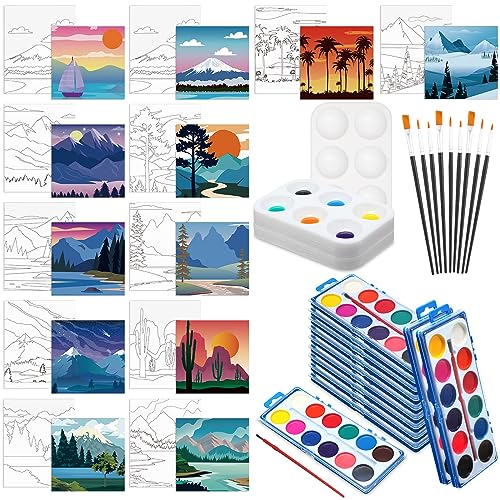 Ctosree 12 Sets Pre Drawn Canvas Kit for Painting Adults Sip and Paint Kit Art Pre Printed Canvas Bulk for Adult Date Night, Art Party & Holiday Gift(Landscape,8 x 10 in) - size: 8 x 10 in, style: Landscape