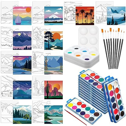 Ctosree 12 Sets Pre Drawn Canvas Kit for Painting Adults Sip and Paint Kit Art Pre Printed Canvas Bulk for Adult Date Night, Art Party & Holiday Gift(Landscape,8 x 10 in) - size: 8 x 10 in, style: Landscape