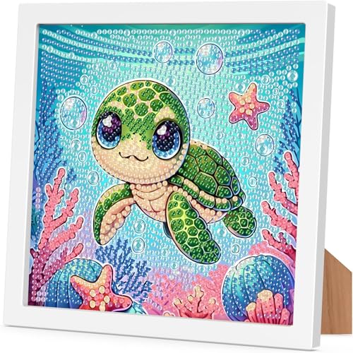 Sea Turtle Diamond Art Painting Kits for Kids with Frame, Turtle Diamond Art for Kids Ages 4-8-12 with Frame, Easy Small Cute Animal Gem Painting Kit for Gift Home Wall Decoration (7x7 inch) - color: CC965-US