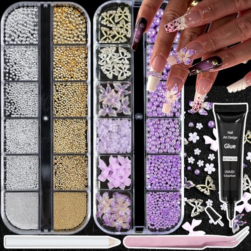 Nail Art Charms with Rhinestones Glue Gel Purple Flatback Pearls Flower Butterfly Nail Gems Supplies Accessories Gold Silver Nails Pearls for Women Nails Design Decoration - color: Colorful-23