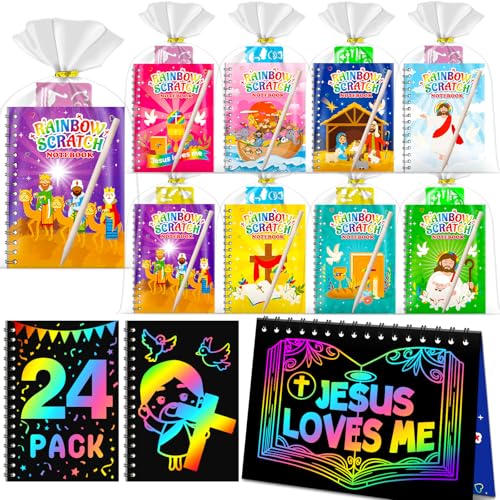 Rainbow Scratch Paper Party Favors: 24 Pack Christian Rainbow Scratch Notebook, Goodie Bags Stuffers Coloring Books Party Favors for Kids 3-12, Bulk Classroom Birthday Gifts for Student - style: 24 Pack Christian