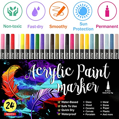 Acrylic Paint Pens for Rock Painting - Set of 24 Extra Fine Point Non-Toxic Paint Markers for Stone, Ceramic, Glass, Wood, Canvas, Fabrics DIY Crafts