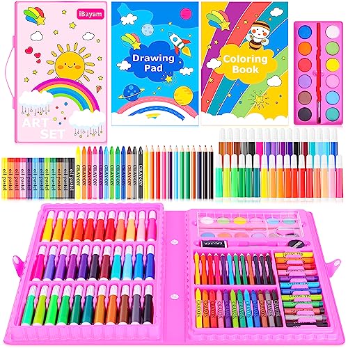 iBayam Art Supplies, 149-Pack Drawing Kit Painting Art Set Art Kits Gifts Box, Arts and Crafts for Kids Girls Boys, with Coloring Book, Crayons, Pastels, Pencils, Watercolor Pens & Cakes (Pink) - color: Pink