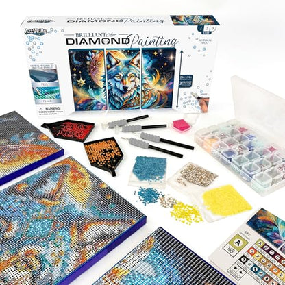 ArtSkills Diamond Painting Kit, Diamond Art Ready to Hang Framed Canvas with Storage and Accessory Kit, Mythical Wolf, 3 Stretched Canvas Panels, 14” x 7” Each - color: Mythical Wolf