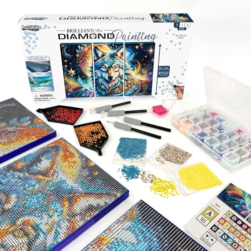 ArtSkills Diamond Painting Kit, Diamond Art Ready to Hang Framed Canvas with Storage and Accessory Kit, Mythical Wolf, 3 Stretched Canvas Panels, 14” x 7” Each - color: Mythical Wolf
