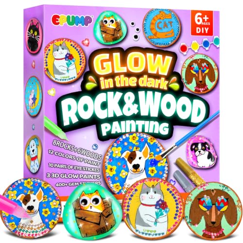 Rock & Wood Painting Kit for Kids Creative Arts & Crafts Set for Boys Girls | Paint wooden shapes and rocks with vibrant colors to create beautiful crafts, Perfect for birthdays classrooms and family fun - color: Wooden & Rock Painting Kit
