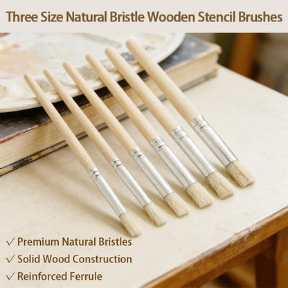 6 Pcs Wooden Stencil Brushes Set,Natural Hog Bristle Round Stencil Dabbers, 3 Size Wood Handle Paint Brushes for Stencil Painting, DIY Crafts, Wood Wall, Acrylic and Oil Painting