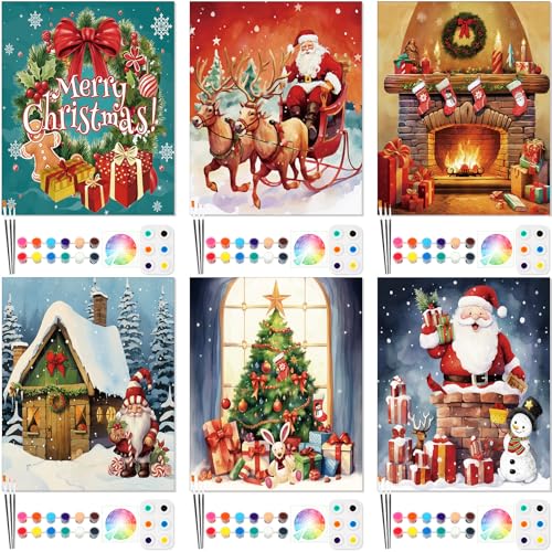 6 Pack Pre Drawn Canvas for Painting Pre Printed Canvas Kit 8 x 10 Inch Stretched Cotton Paint and Sip Set for Adults Couple Party Graduation Summer Date Night(Merry Xmas) - style: Merry Xmas